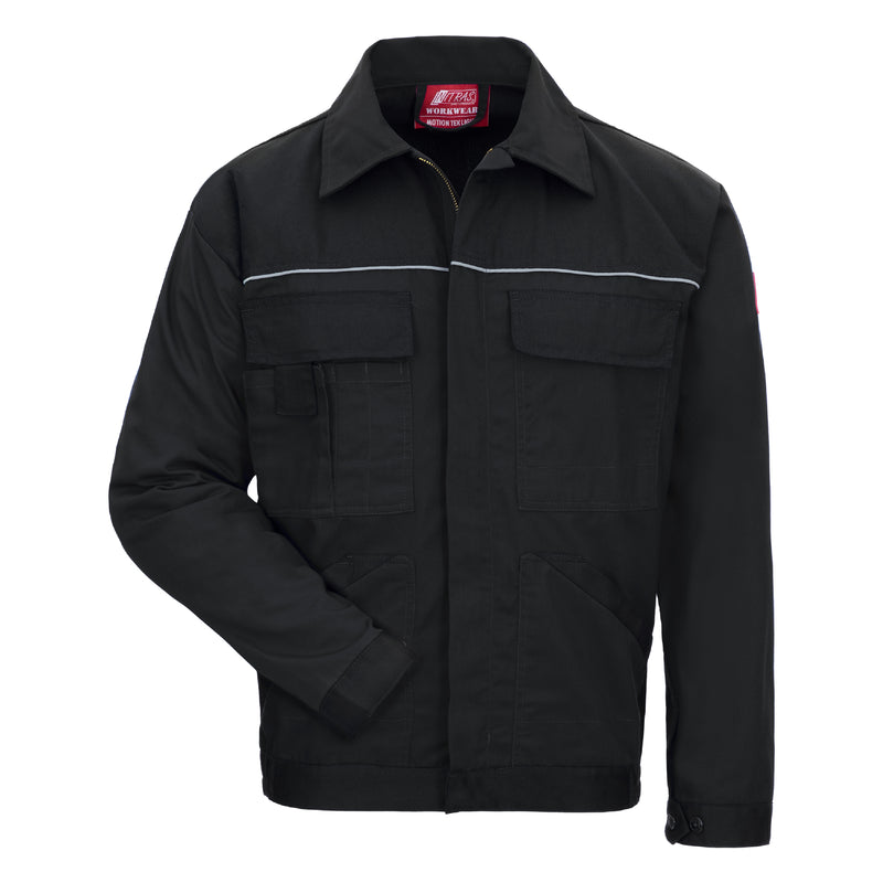 Schwarze Arbeitsjacke mit Frontreißverschluss, Brusttaschen und Ärmelbündchen