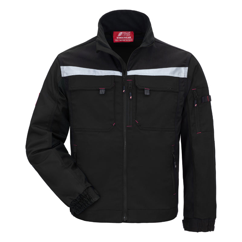 Schwarze Arbeitsjacke mit Kapuze, durchgehendem Reißverschluss und Brusttaschen
