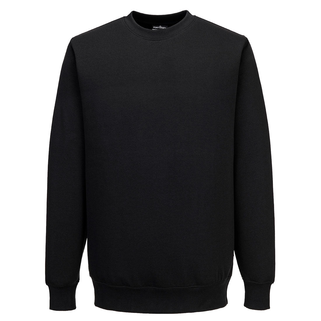 Essentielles Sweatshirt, schwarzer Rundhalsausschnitt, lange Ärmel, Rippbündchen