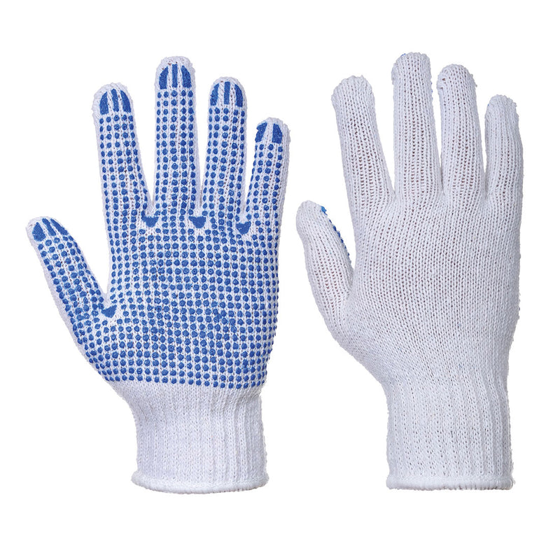 Weiße Arbeitshandschuhe mit blauem Noppenbesatz an Handfläche und Fingern
