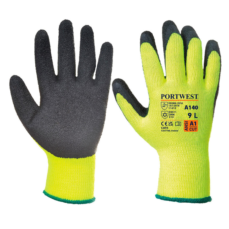 Portwest Thermo Grip Handschuh A140: gelb-schwarz, gestrickt, beschichtete Handfläche, Bündchen.