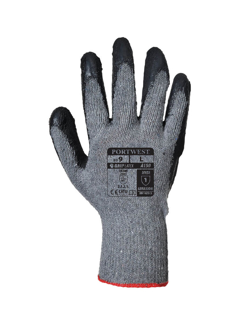 Latex-Grip-Handschuh mit grauem Strick und schwarzer Handfläche, Größenetikett sichtbar