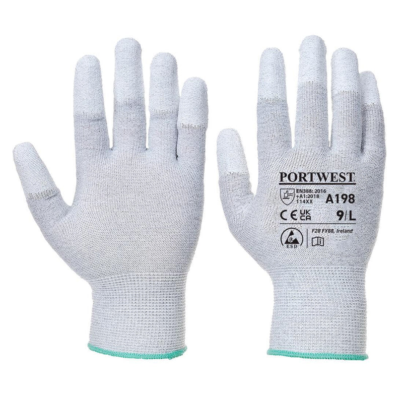 Antistatischer Handschuh mit PU-Fingerspitzen, weiß mit grüner Bündchenkante, Portwest A198