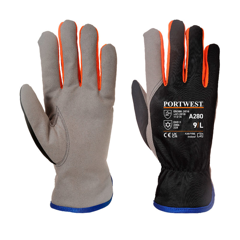 Winterhandschuhe: grauer Stoff mit orange Einsätzen, blauem Bündchen und schwarzer Rückseite.