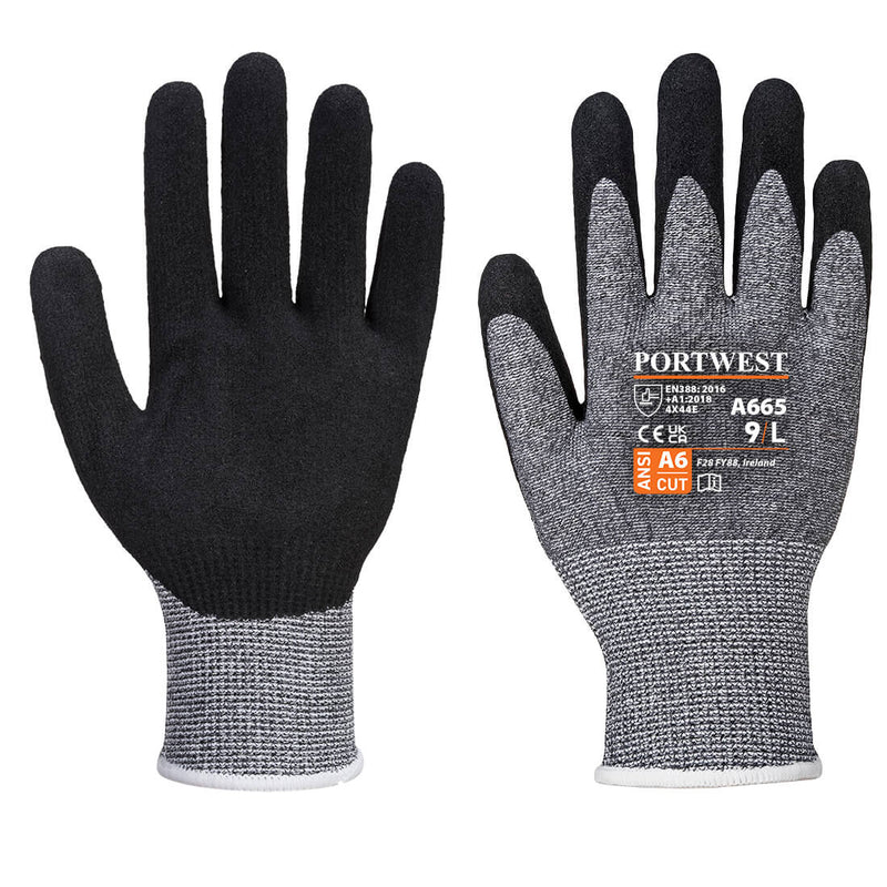 Schnittschutzhandschuh aus grauem Strick mit schwarzen Fingerspitzen und weißer Stulpe