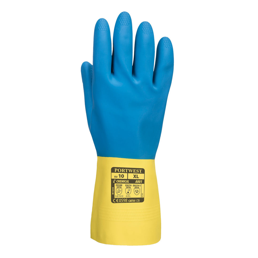 Portwest Latex-Stulpenhandschuh A801, doppelt getaucht, blau mit gelbem Bund, mit Etikett