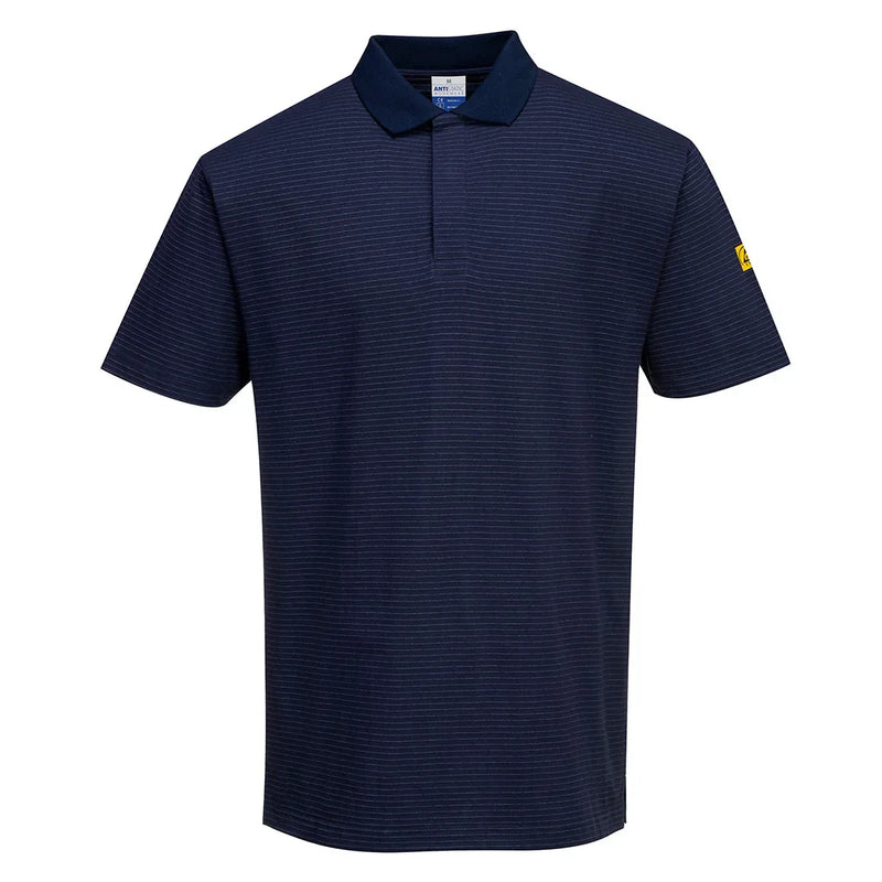 ESD-Poloshirt mit feinen Streifen, dunkelblau, Kragen und Knopfleiste, Ärmelbadge