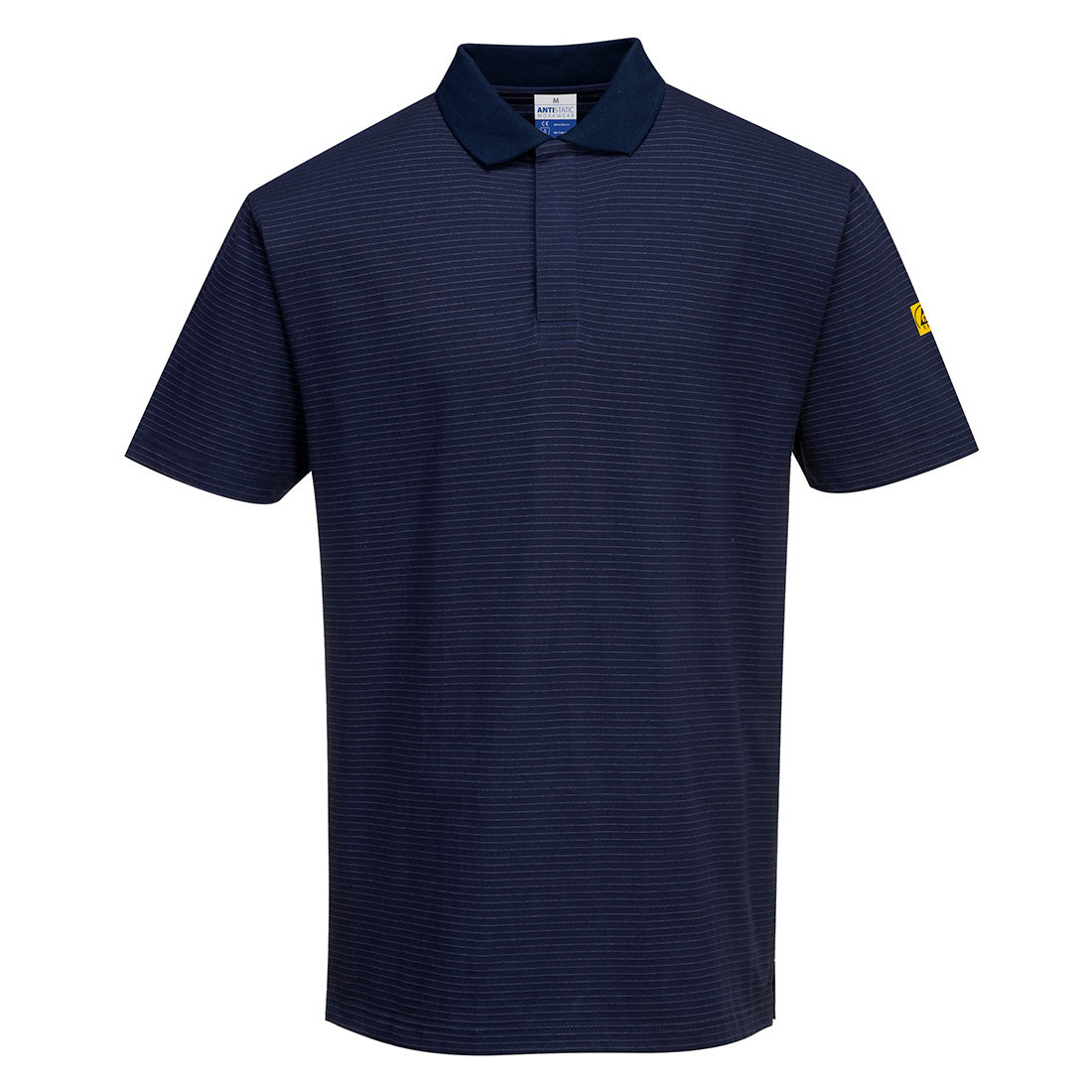 ESD-Poloshirt Vorderansicht, dunkelblau mit feinen Streifen, Kurzarm, Knopfleiste