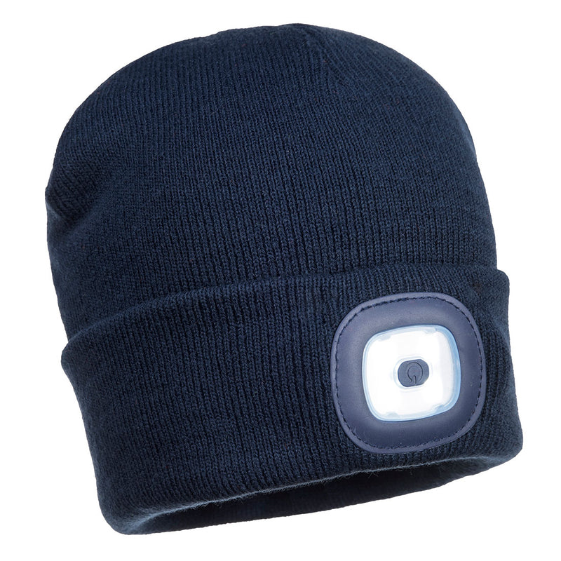 Marinefarbene LED-Beanie mit USB-Wiederaufladbarem Leuchtmodul am Umschlag