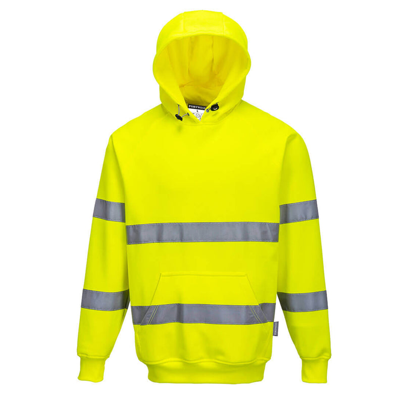 Warnschutz-Kapuzen-Sweatshirt in Gelb mit reflektierenden Streifen und Kängurutasche