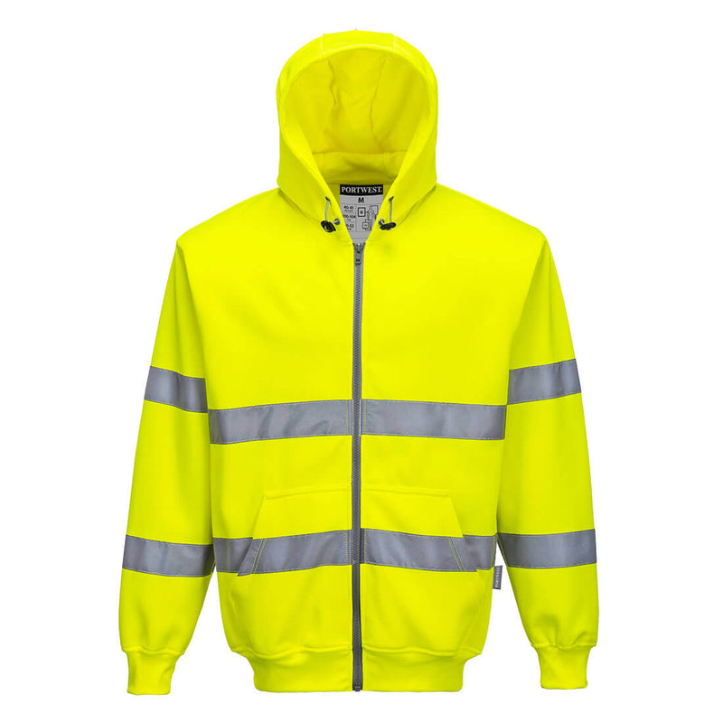 Portwest Warnschutz-Kapuzensweatjacke in Gelb mit Frontreißverschluss und reflektierenden Streifen