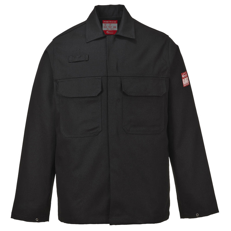 Schwarze Schweißerjacke mit Umlegekragen und zwei Brust-/Handtaschen, Knopfleiste.