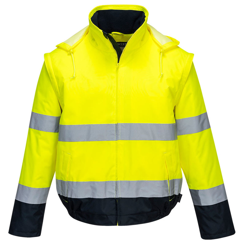 Leichte Warnschutz-Pilotjacke gelb mit Reflexstreifen, Reißverschluss, Kapuze