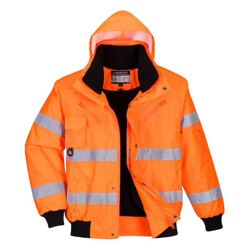 Warnschutz-Pilotjacke mit Kapuze, orange, reflektierenden Streifen, Frontreißverschluss