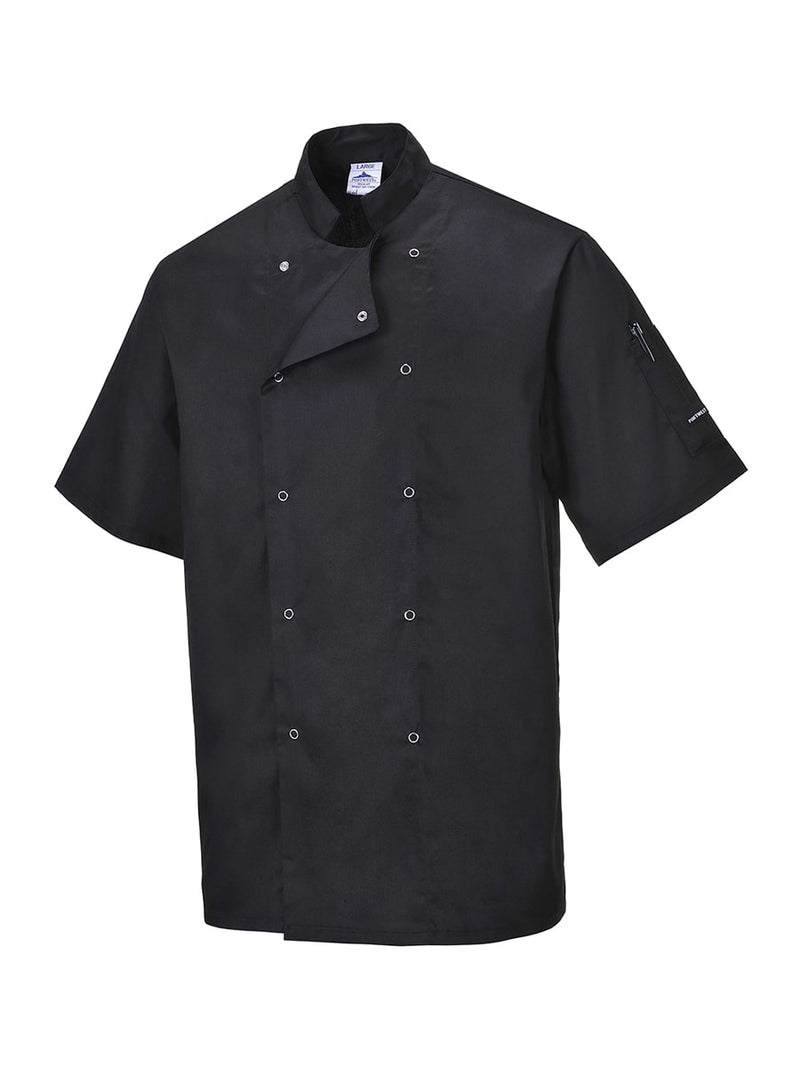 Schwarze Kochjacke mit kurzem Arm, Stehkragen und Doppelknopfleiste