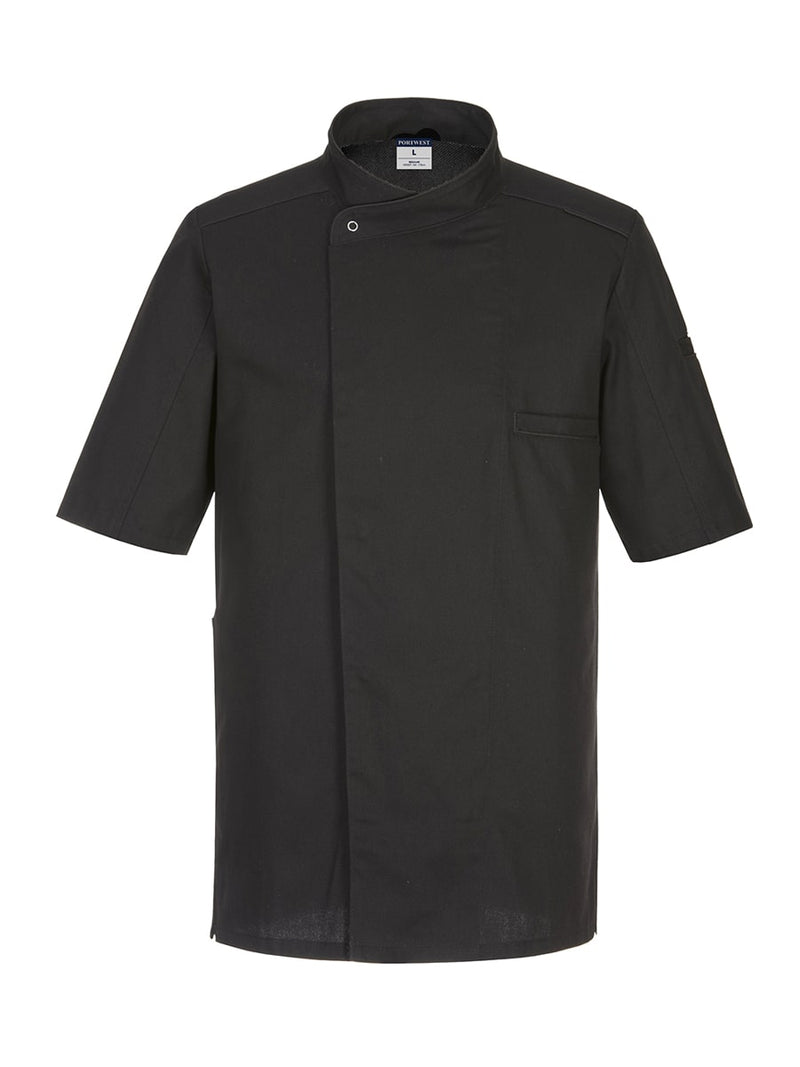 Portwest Surrey Kochjacke kurzarm in Schwarz mit Stehkragen und Druckknöpfen vorne