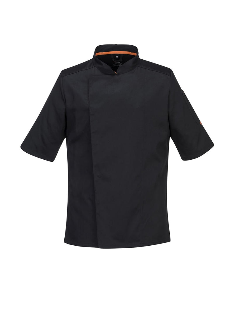 Portwest Kochjacke kurzarm, schwarze MeshAir Pro Arbeitsjacke mit Stehkragen