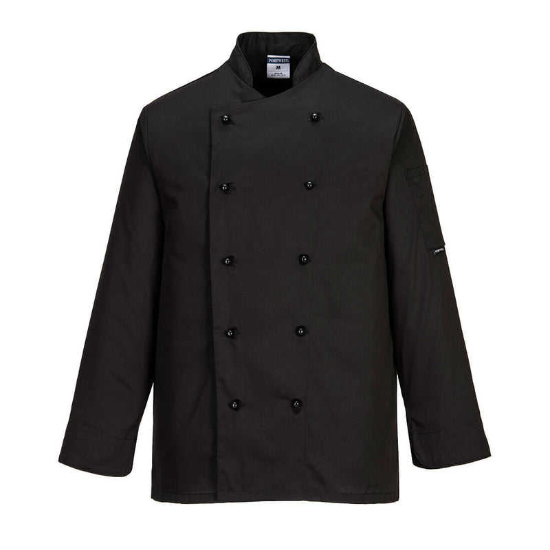 Portwest Somerset Kochjacke: schwarze Front mit Knopfleiste, Stehkragen