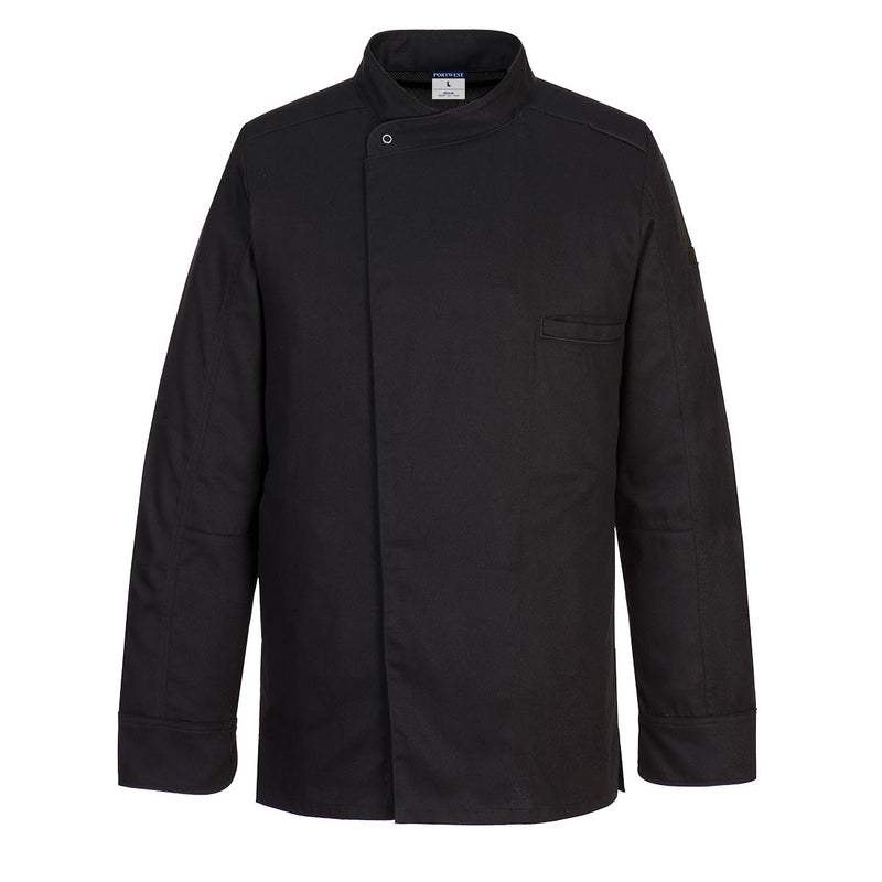 Schwarze Kochjacke mit Stehkragen, Knopfleiste und Brusttasche, langärmlig