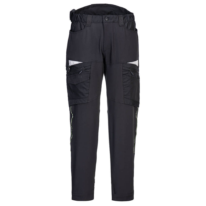 Schwarze Funktionsbundhose mit Taschen und Knieverstärkungen, verstellbarer Bund
