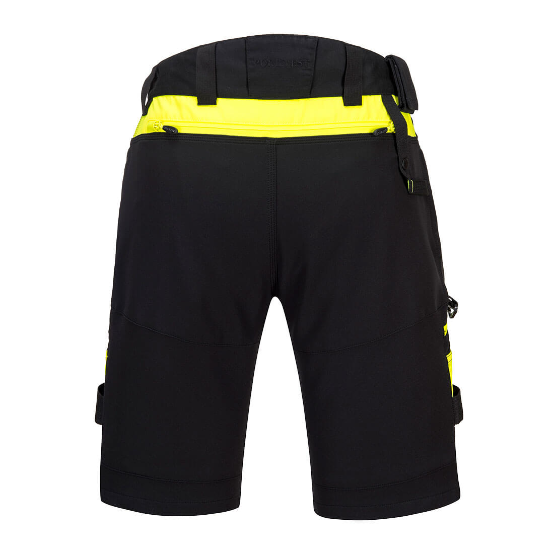 Schwarze Cargo-Shorts mit gelbem Bund und seitlichen abnehmbaren Taschen