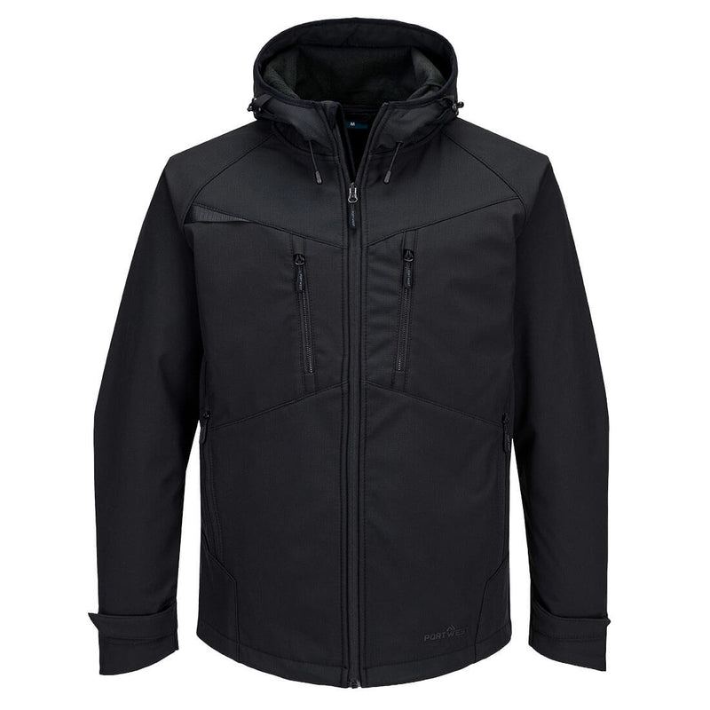 Portwest DX4 Softshelljacke 3L mit Kapuze, durchgehendem Reißverschluss und Fronttaschen.