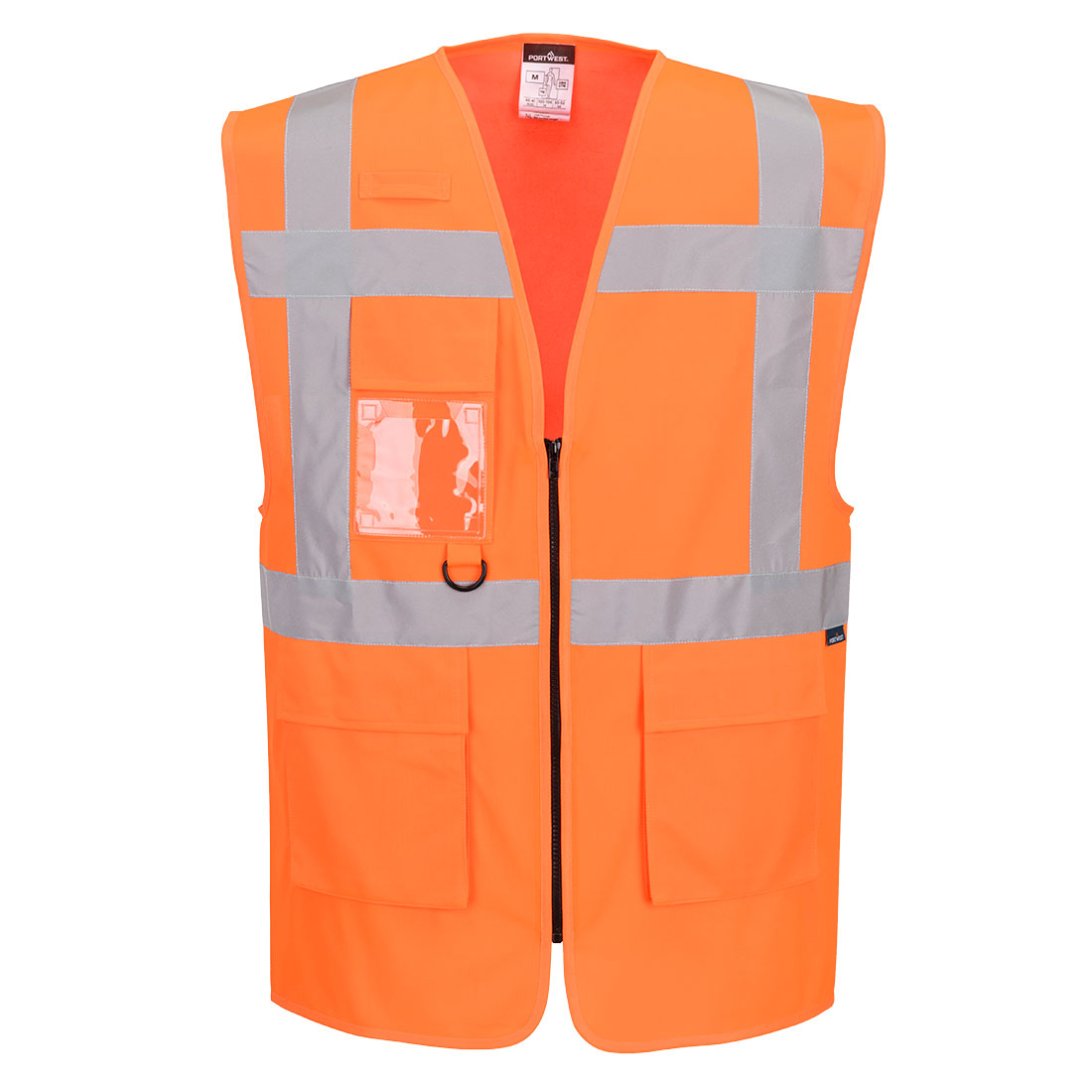 Orange Warnschutzweste mit reflektierenden Bändern, Reißverschluss und Taschen