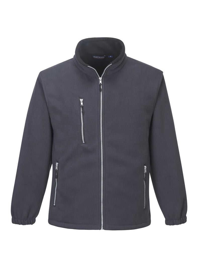 Fleecejacke mit Stehkragen, durchgehendem Reißverschluss und 2 Brusttaschen, dunkelgrau