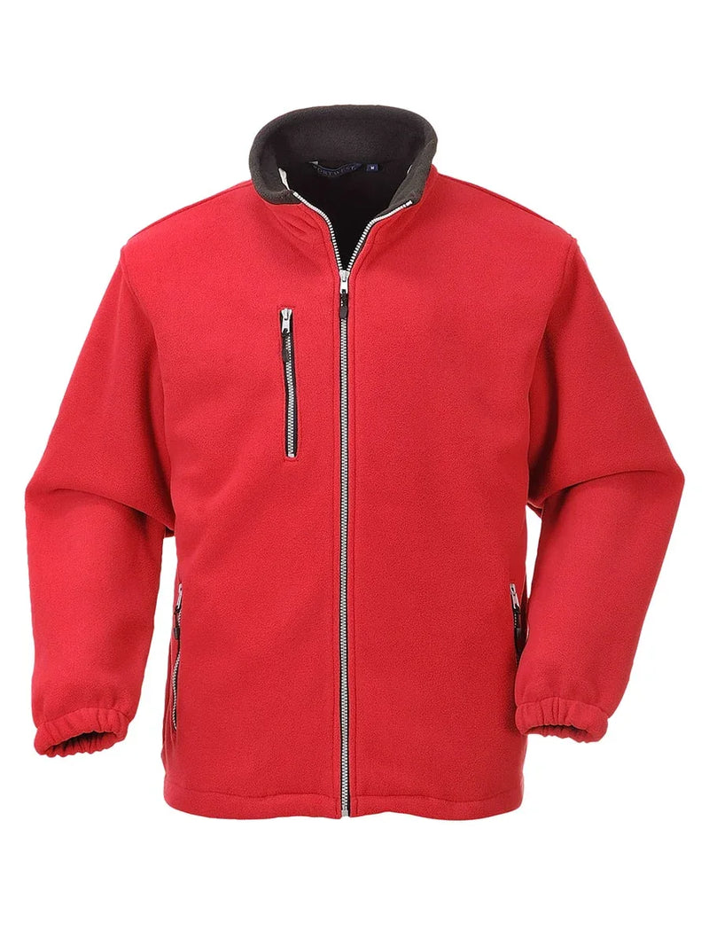 Rote Fleecejacke mit Kapuze, durchgehendem Reißverschluss und seitlichen Reißverschlusstaschen