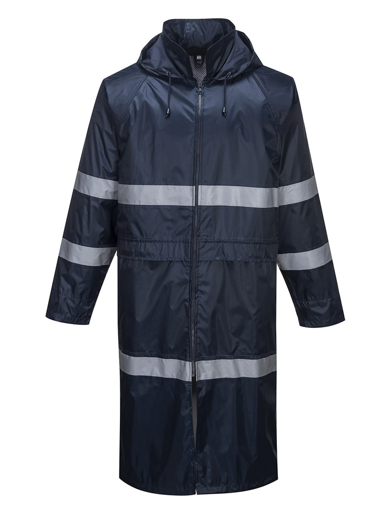 Portwest Regenmantel F438 marineblau mit Kapuze, durchgehendem Reißverschluss und reflektierenden Streifen
