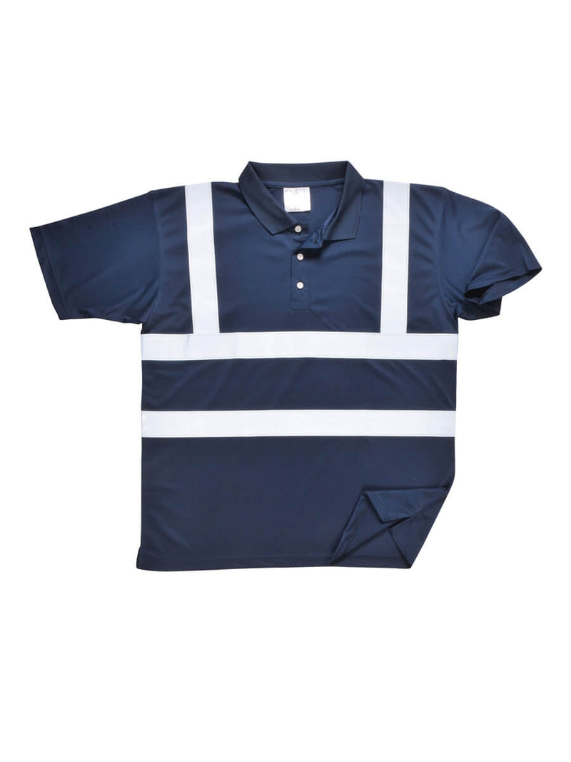 Warnschutz-Poloshirt marineblau mit zwei breiten Reflektorstreifen und Knopfleiste