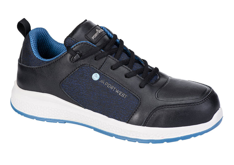 Dunkler Sneaker mit blauen Einsätzen, Schnürung und gepolsterter Manschette