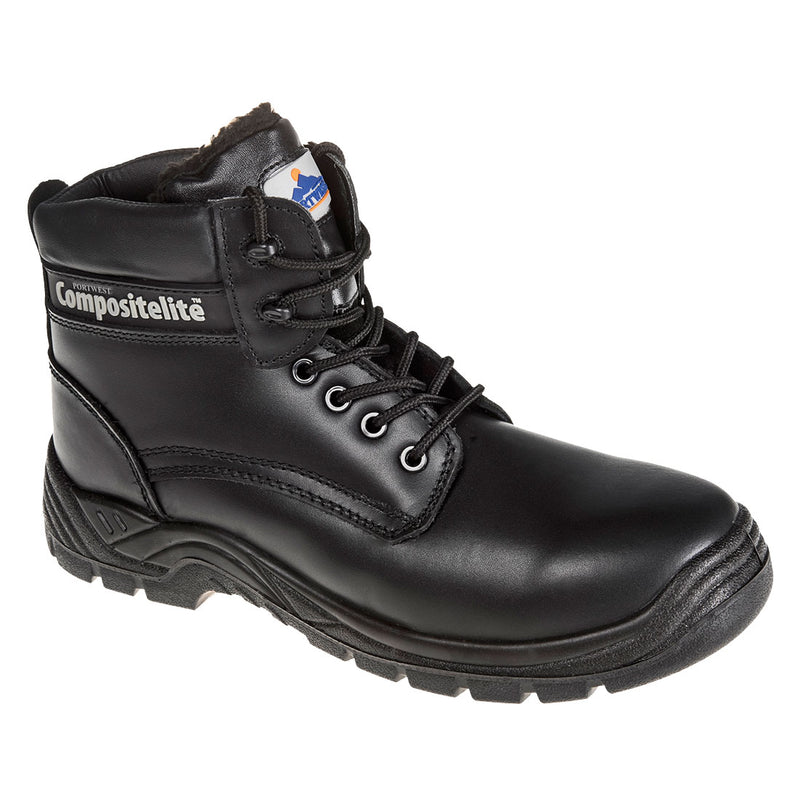 Schwarzer Stiefel mit Schnürung und Fellfutter, robuste Profilsohle