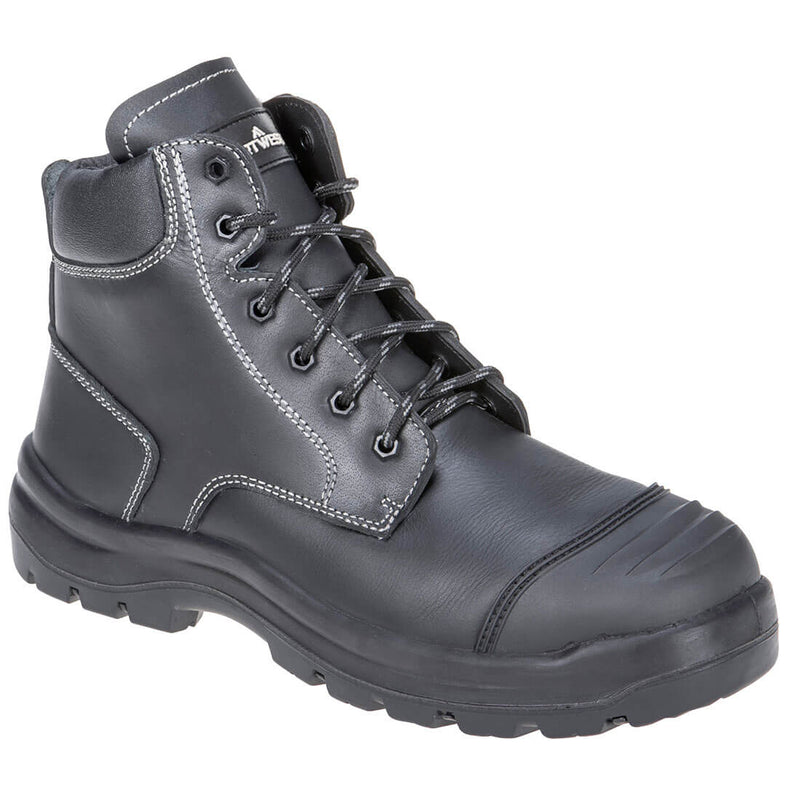 Sicherheitsstiefel aus Leder, dunkelschwarz, gepolsterter Schaft, Schnürung, Profilsohle.