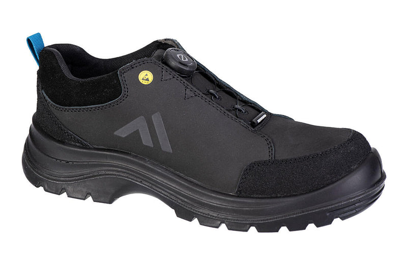 Halbschuh S3 aus dunklem Material, Schnürung, Profilsohle, seitlicher Schriftzug