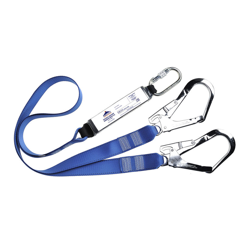Doppeltes Haltelband mit Bandfalldämpfer, blaues Gurtband und zwei Metallkarabinerhaken