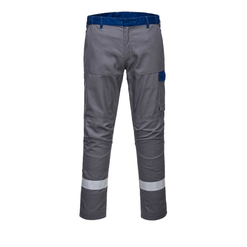 Zweifarbige Bundhose mit blauem Bund, grau, seitlichen Taschen und Reflexstreifen