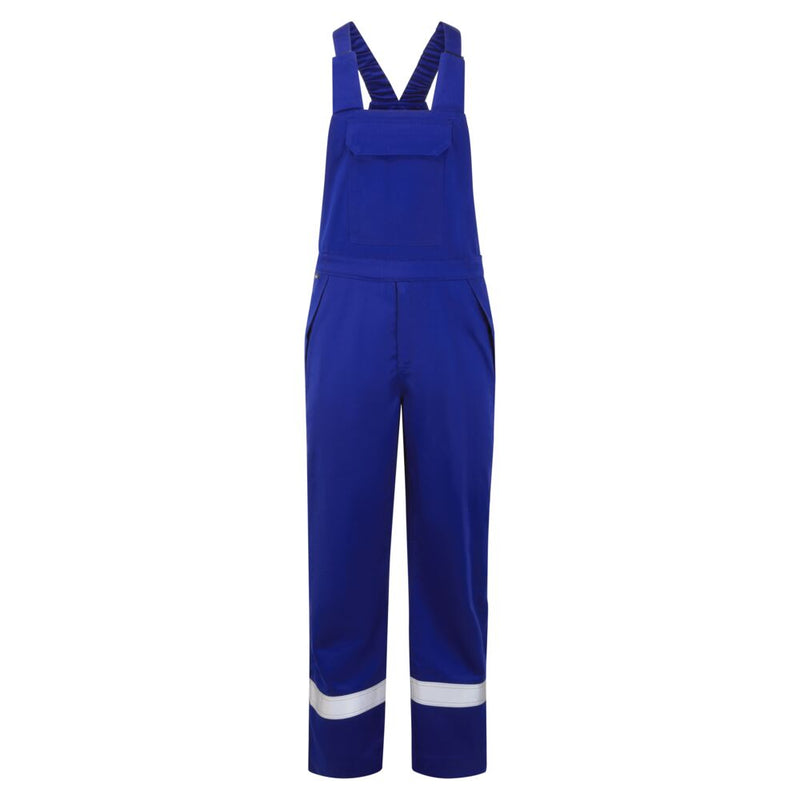 Flammhemmende Latzhose in Blau mit Trägern und reflektierenden Beinbändern, Frontansicht