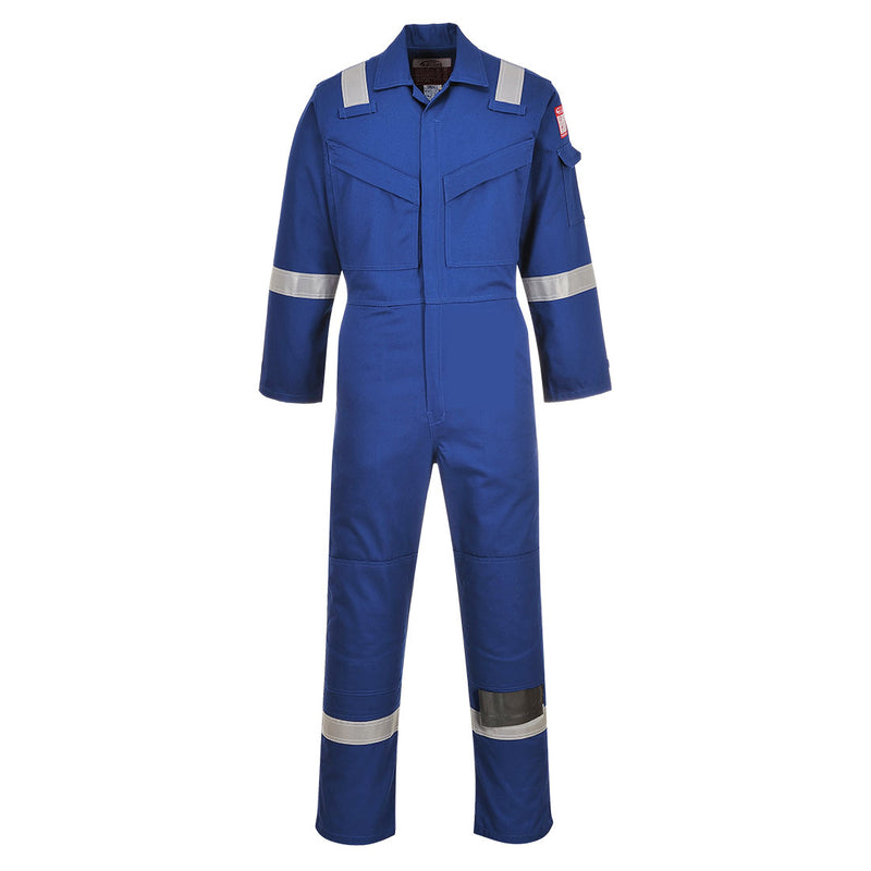 Blauer flammhemmender Overall mit Knopfleiste, Taschen und reflektierenden Streifen an Armen und Beinen