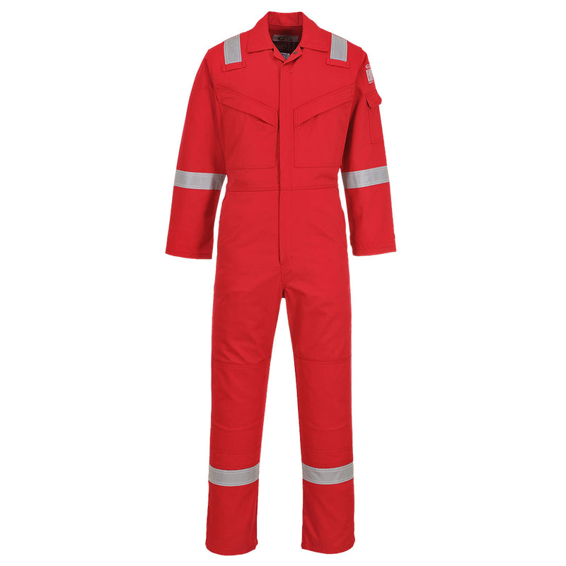 Roter flammhemmender Overall mit Reflexstreifen, Knopfleiste und Taschen, lange Ärmel und Beine