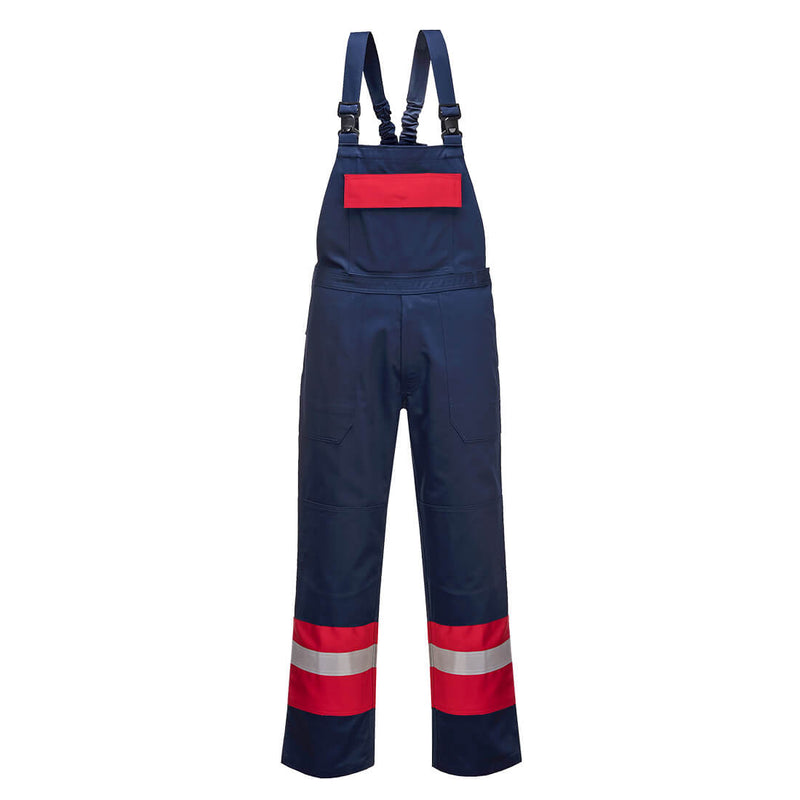 Marineblaue Latzhose mit Trägern, roten und silbernen Reflexstreifen an den Beinen