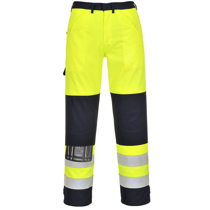 Warnschutzhose FR62 von Portwest, gelb-marine, mit breiten Reflexstreifen am Bein