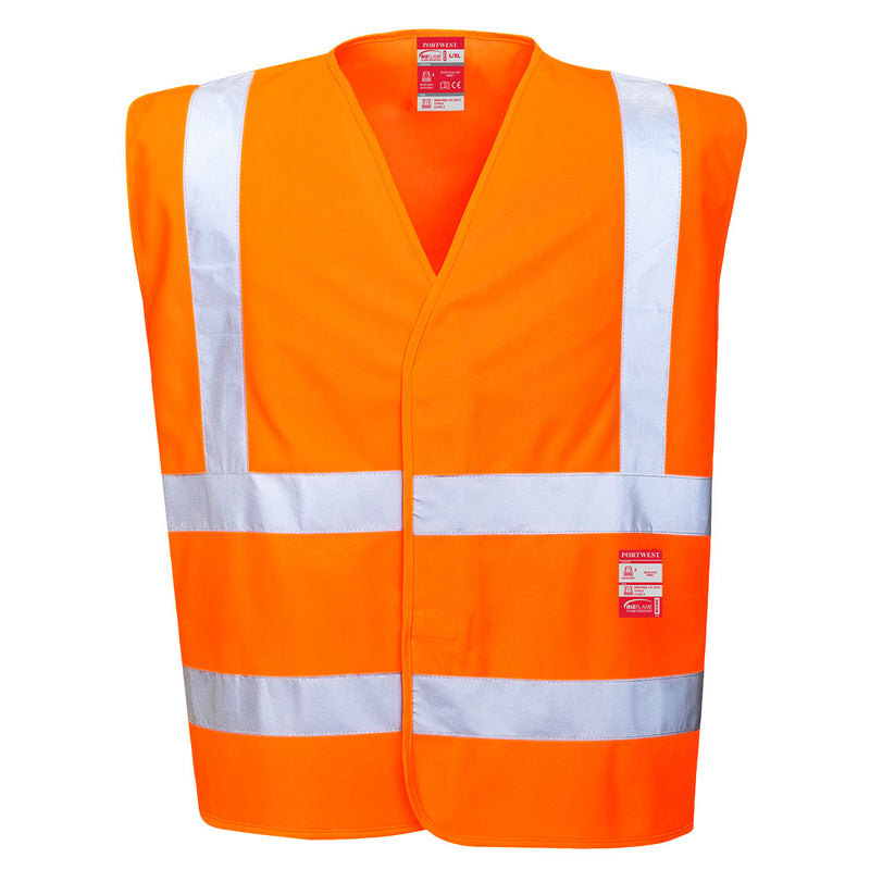 Flammhemmende Warnschutz-Weste in Orange mit breiten Reflexstreifen, Frontansicht