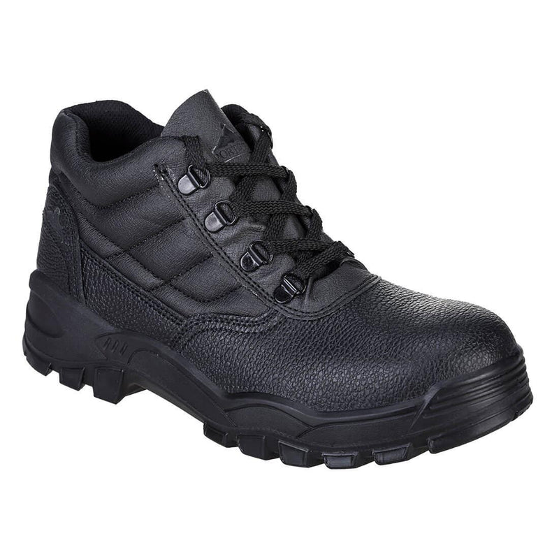 Sicherheitsstiefel mit Schnürung, gepolstertem Schaft und profilierter Gummisohle, schwarz