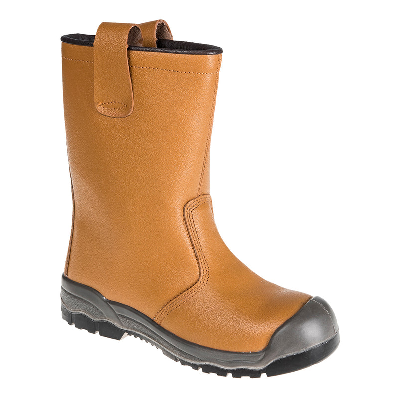 Sicherheitsstiefel aus gelbbraunem Leder mit gepolsterter Schaftmanschette und Profilsohle