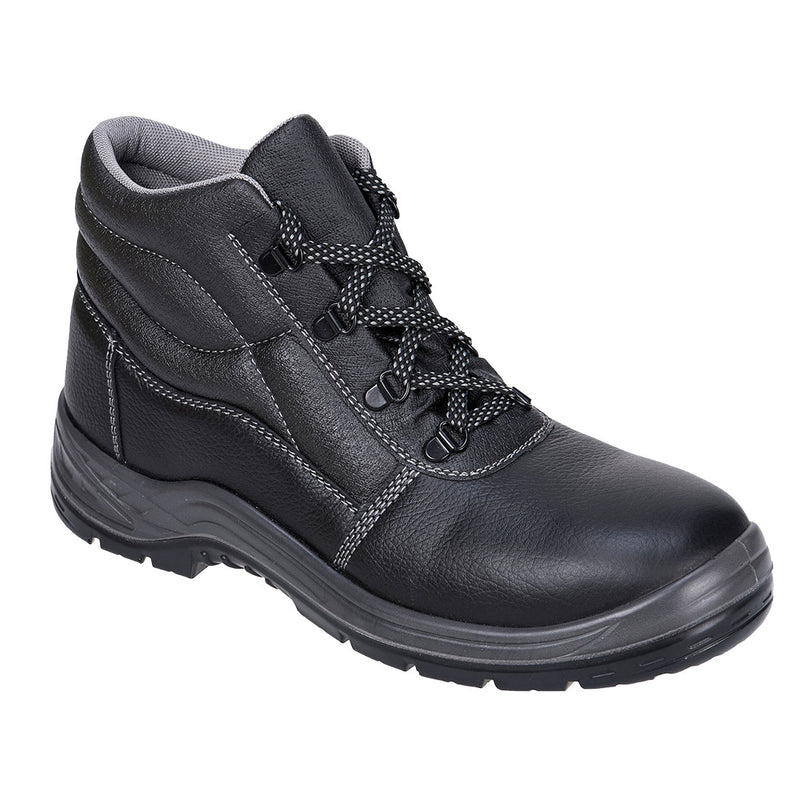 Schwarzer Sicherheitsstiefel S3, Schnürung, gepolsterter Schaft und robuste Profilsohle