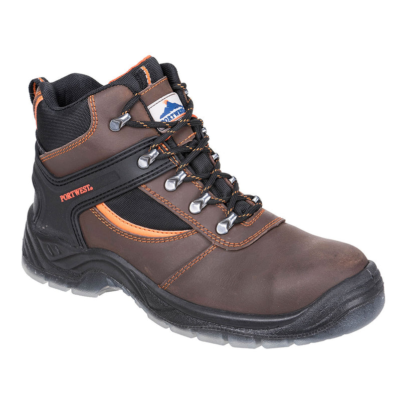 S3-Sicherheitsstiefel, braunes Leder mit schwarzem Textil, Schnürung und orangefarbenen Details