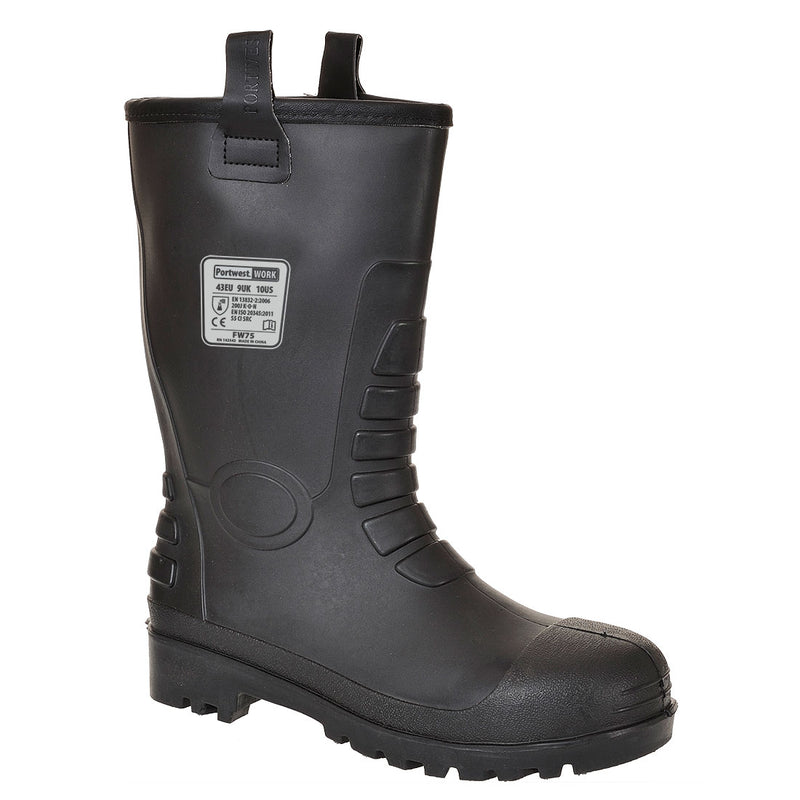 Schwarzer Sicherheitsstiefel mit Schnallenriemen, Profilsohle und seitlichem Einstieg