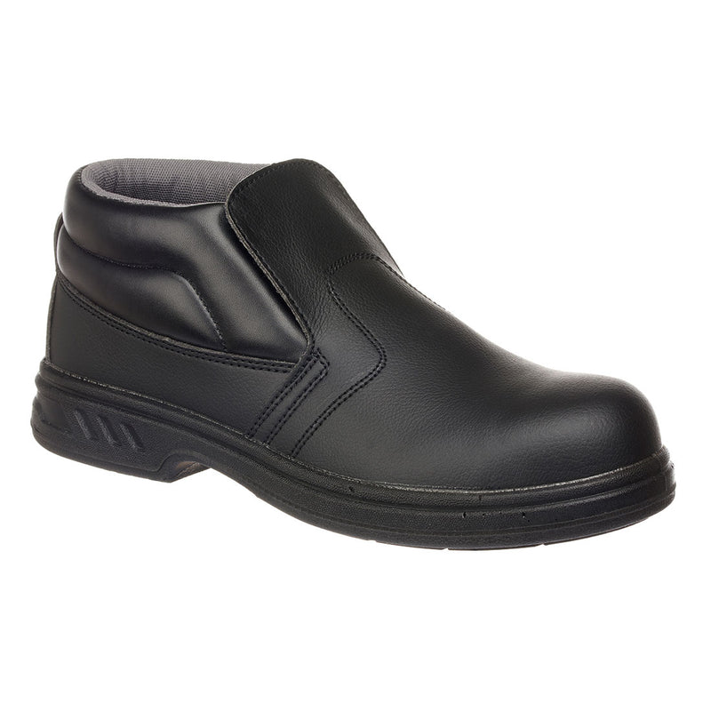 Schwarzer Sicherheits-Schlupfstiefel mit Profilsohle und gepolsterter Schaftkante
