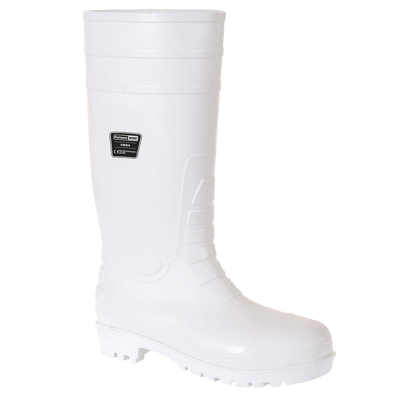 Weiße Sicherheitsgummistiefel S4 mit Profilsohle und Typenschild